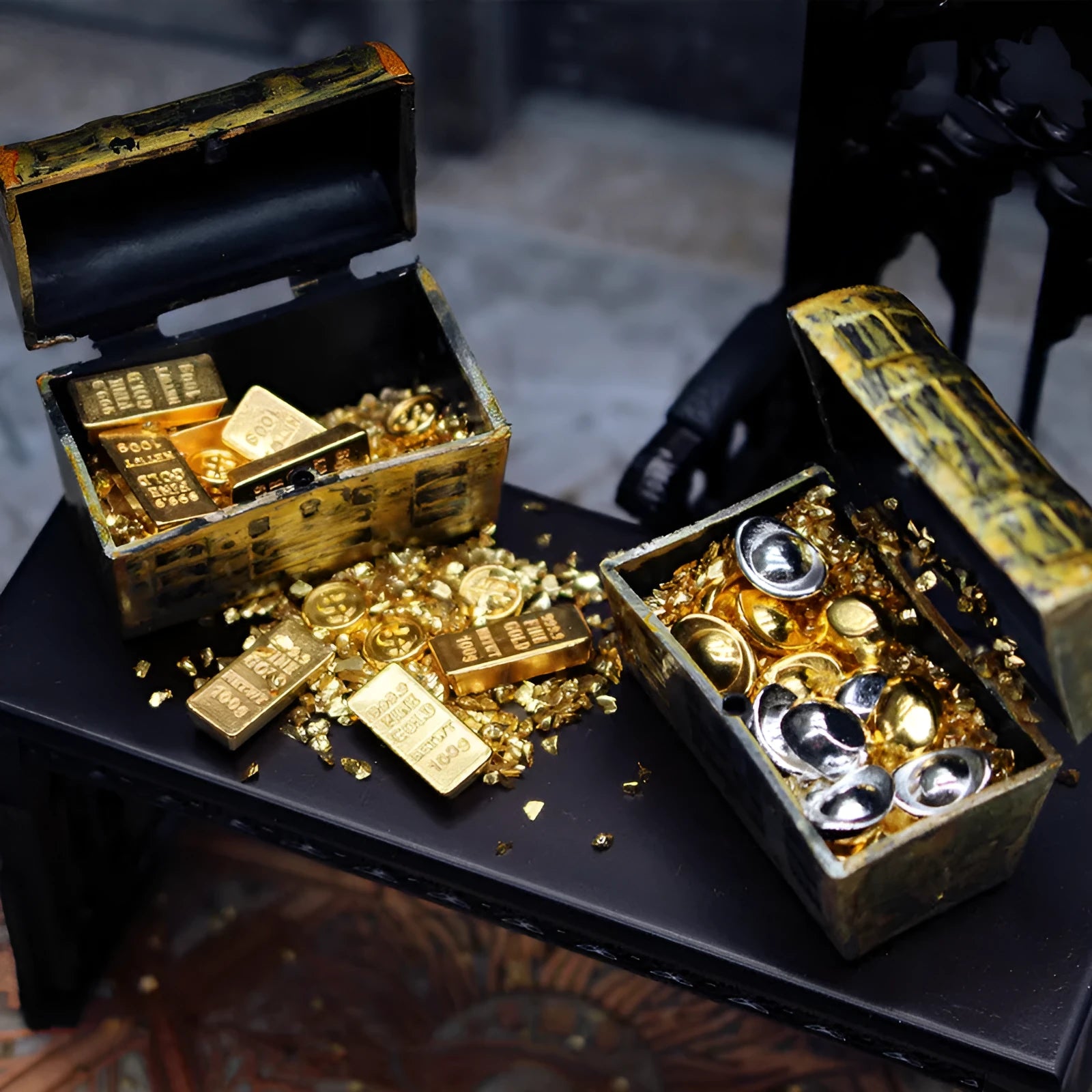 Alloy treasure chest miniature ornaments with gold coins and bars for doll house accessories