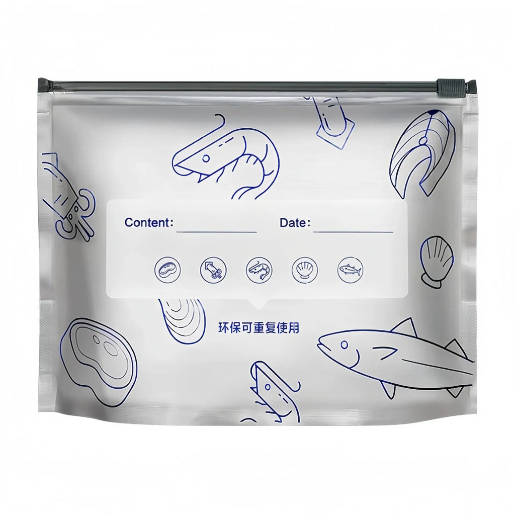 Pack of 10 aluminium foil sealed bags in small, medium, and large sizes for food storage.