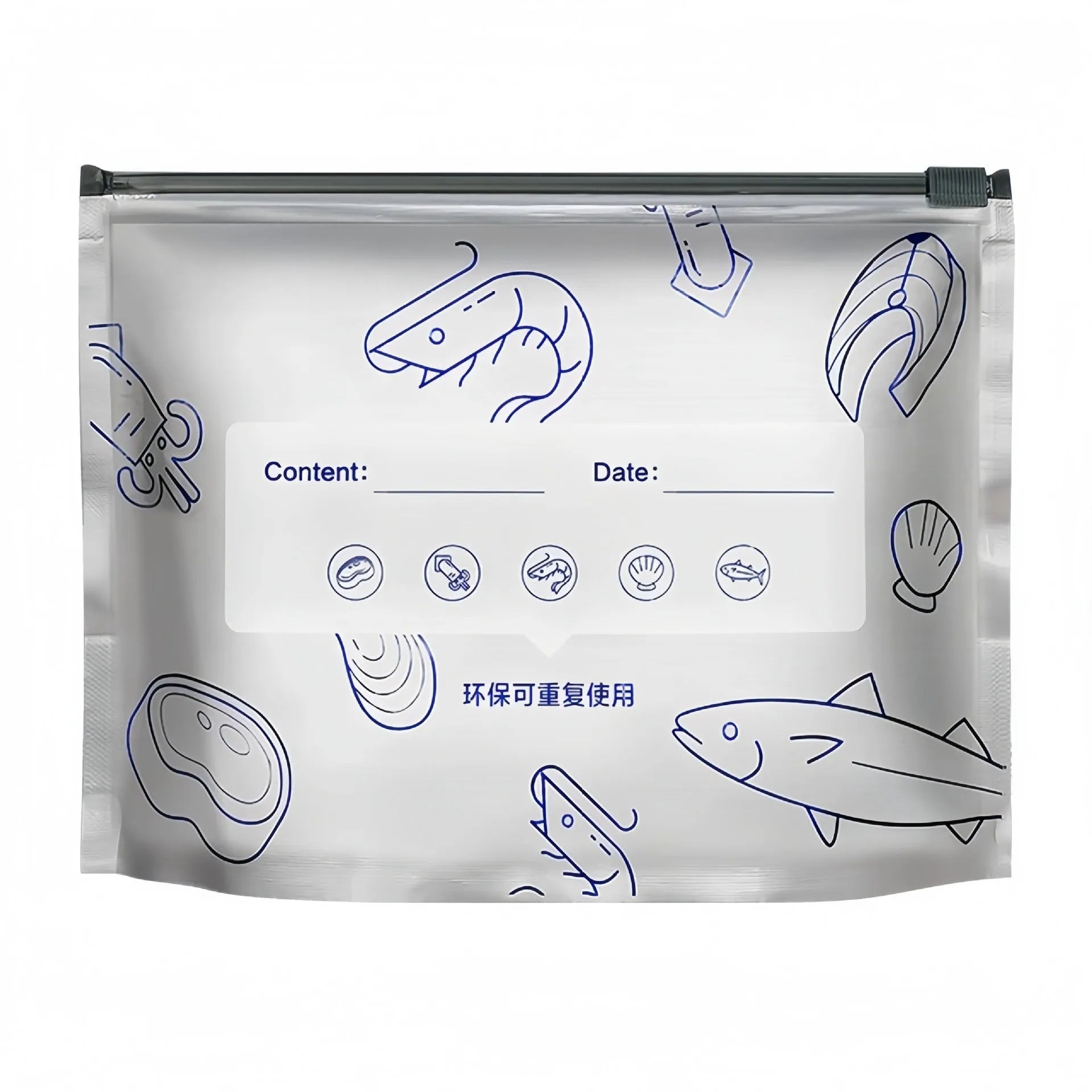 Pack of 10 aluminium foil sealed bags in small, medium, and large sizes for food storage.
