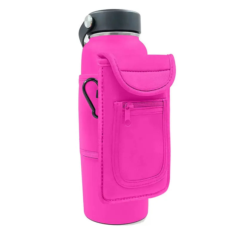 Cloth fitness cup sleeve for large bottles with magnetic or climbing carabiner fastening in various colours