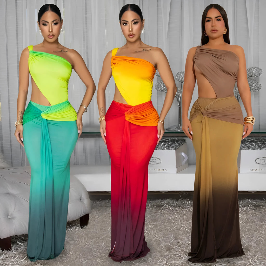 Women's gradient colour cross-shoulder sleeveless dress with high waist and long one-step skirt