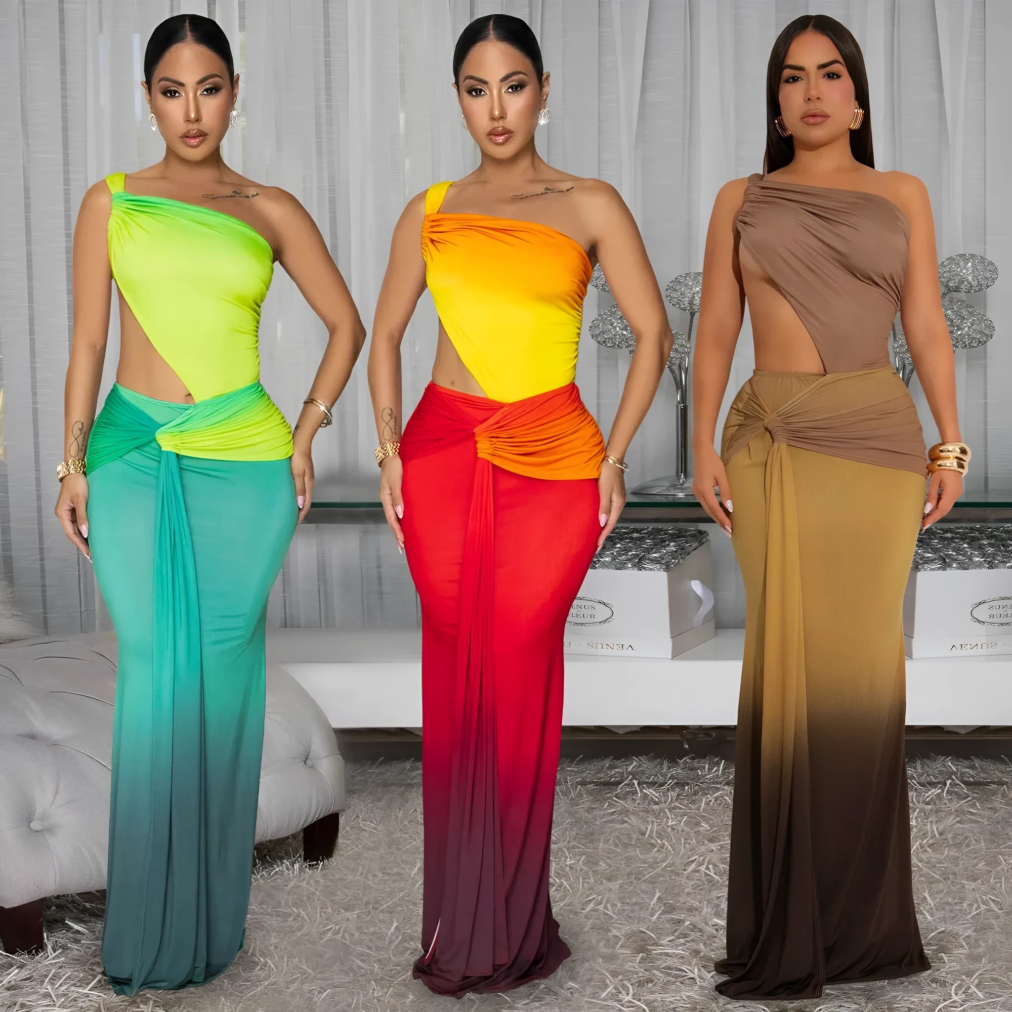 Women's gradient colour cross-shoulder sleeveless dress with high waist and long one-step skirt