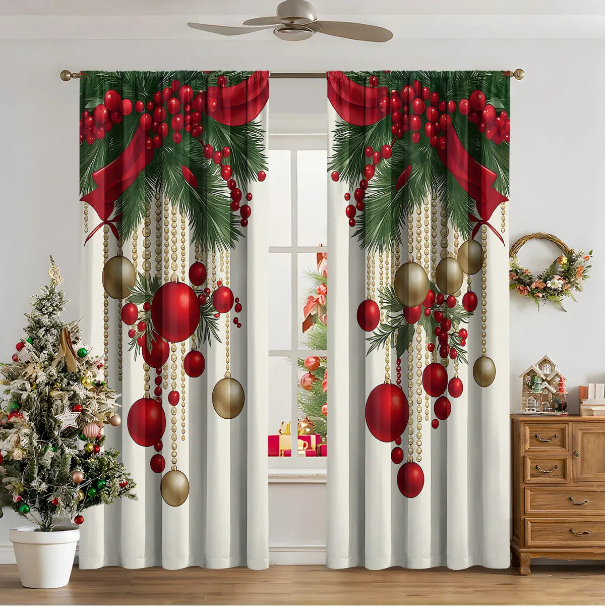3D digitally printed Christmas curtains in polyester with festive patterns, showing high sunshade function