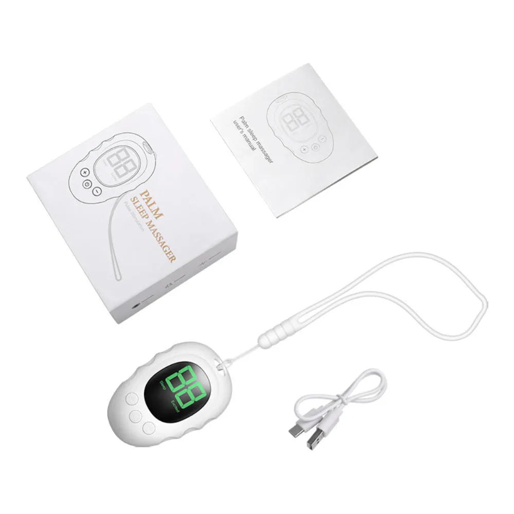 Rechargeable silicone sleep aid hand grip sleep monitor in white, black, or green colour with charging cable.