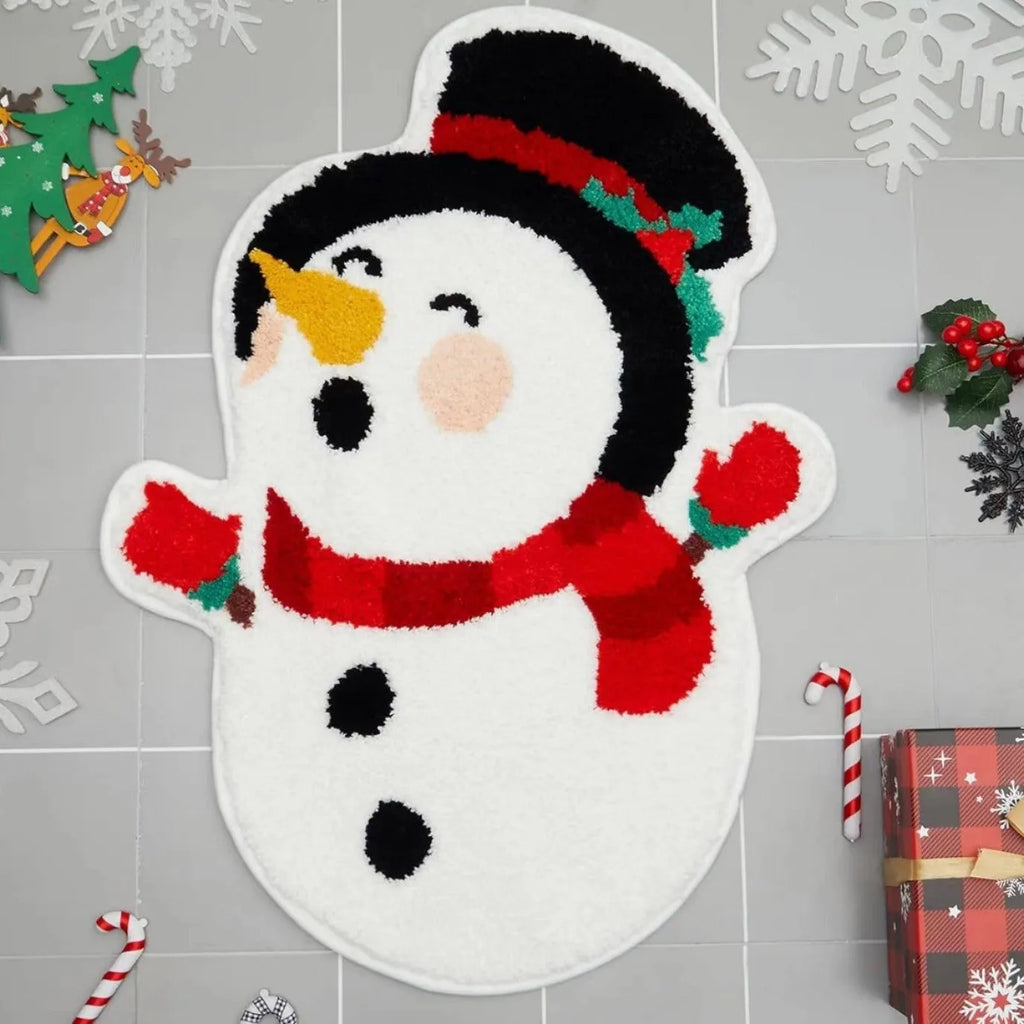 Square Christmas-themed hallway mat with non-slip backing on a wooden floor.