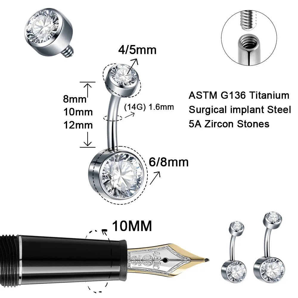 Titanium alloy double-headed zircon navel stud showing colour options and 1.6mm thickness