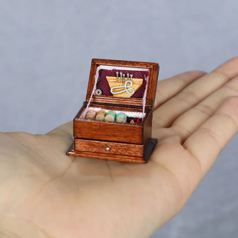 European style birch wood miniature sewing kit ornament measuring 2.2cm