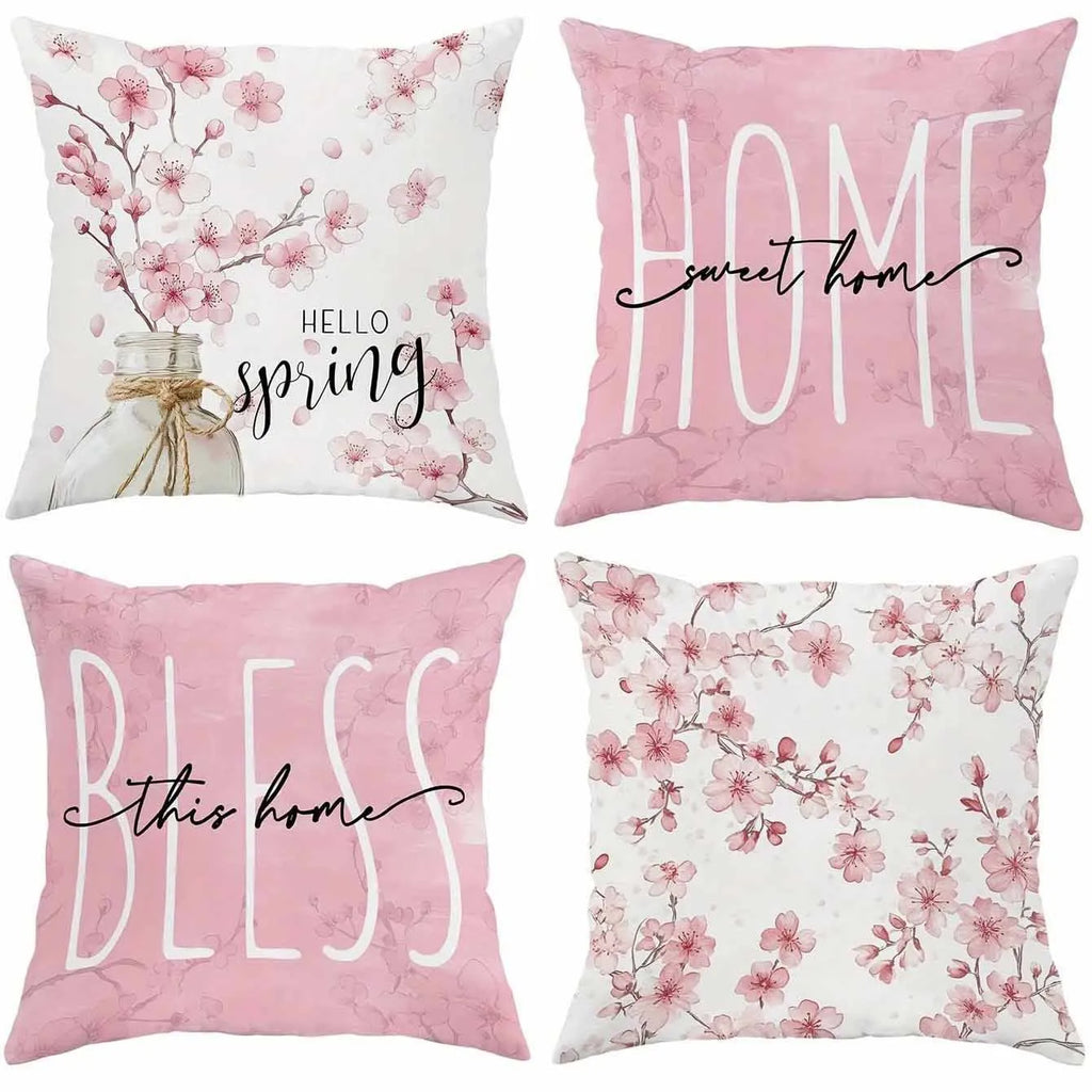 Square short velvet cushion cover with cherry blossom and letter print in four colour options