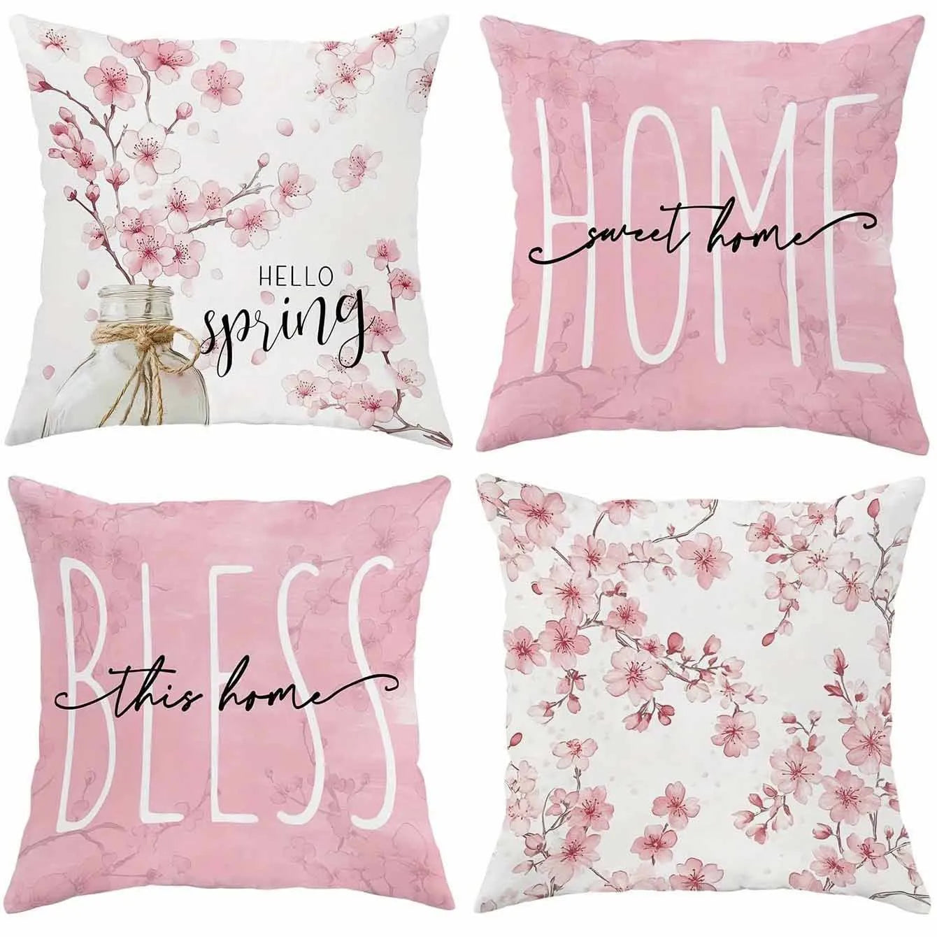 Square short velvet cushion cover with cherry blossom and letter print in four colour options