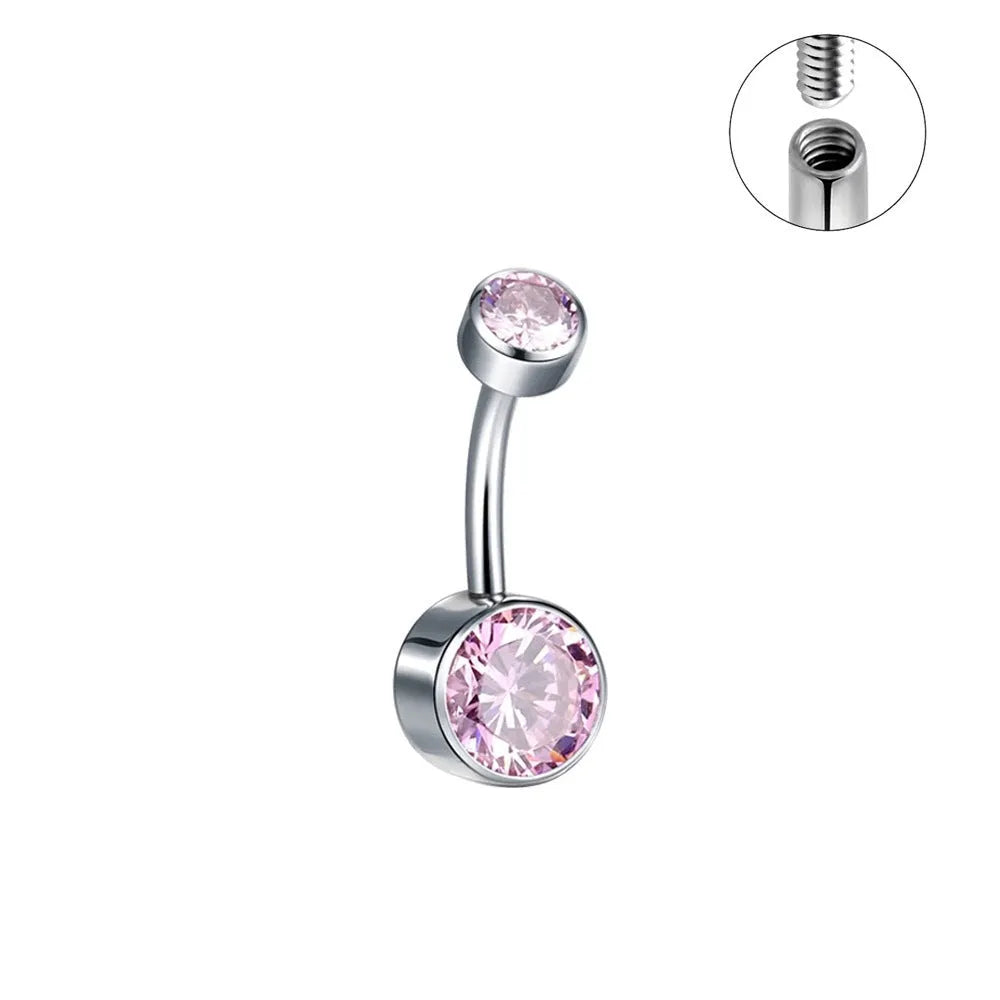 Titanium alloy double-headed zircon navel stud showing colour options and 1.6mm thickness