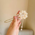 Purple and white retro peony flower U-shaped hairpin with tassel detail on alloy hair clip