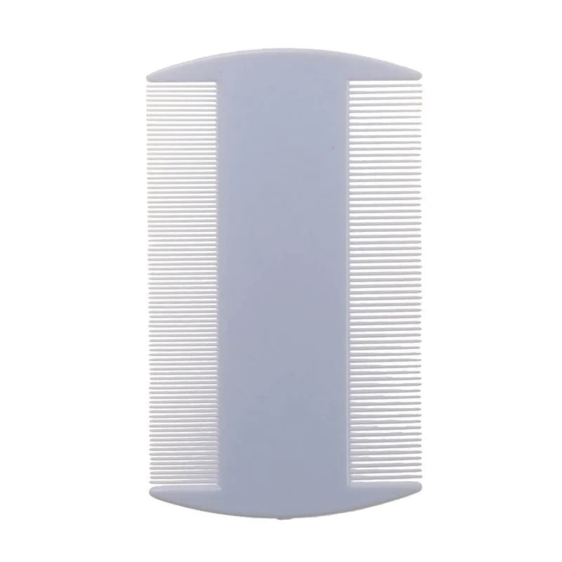Double-edged fine tooth plastic lice and flea comb in assorted colours, showing compact size