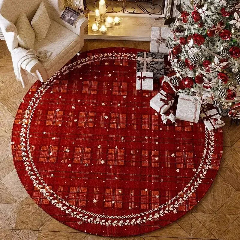 Round red Christmas festive carpet with non-slip backing on living room floor