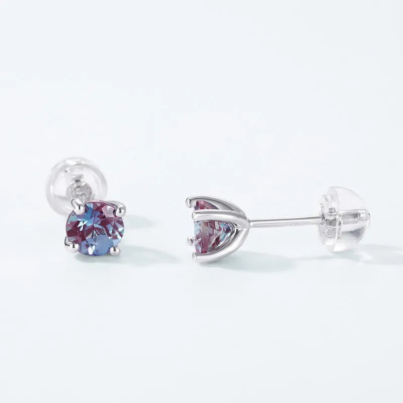 Silver geometric ear studs with round design in cultivate Alexandrite colour for women