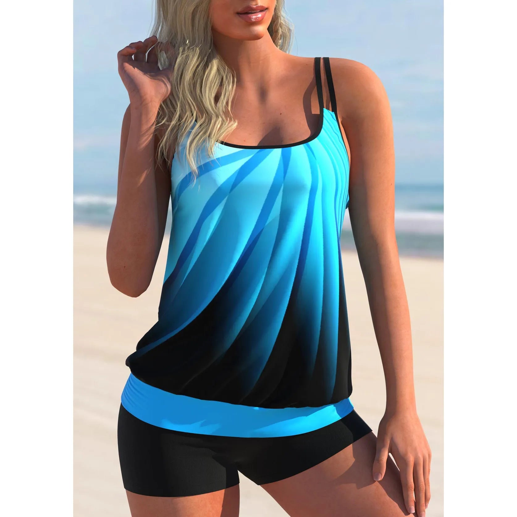 Plus size women's swimsuit set with butterfly print, featuring a strapped top and matching shorts.
