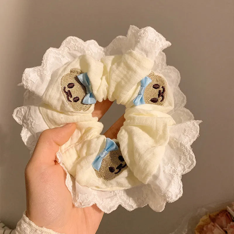 Blue cloth hair ring with bear bow decoration and large intestine wrapped design