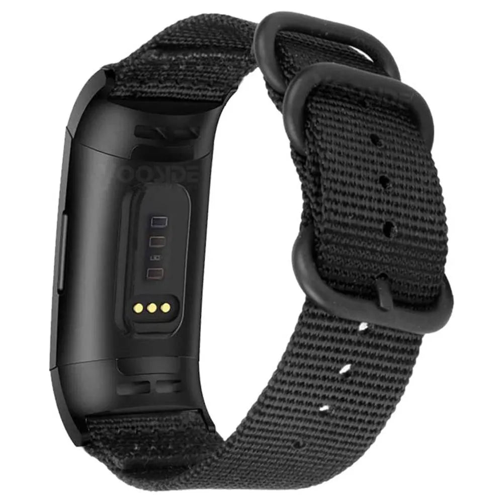 Fitbit Charge nylon watch strap with three-ring metal buckle shown in Army Green colour