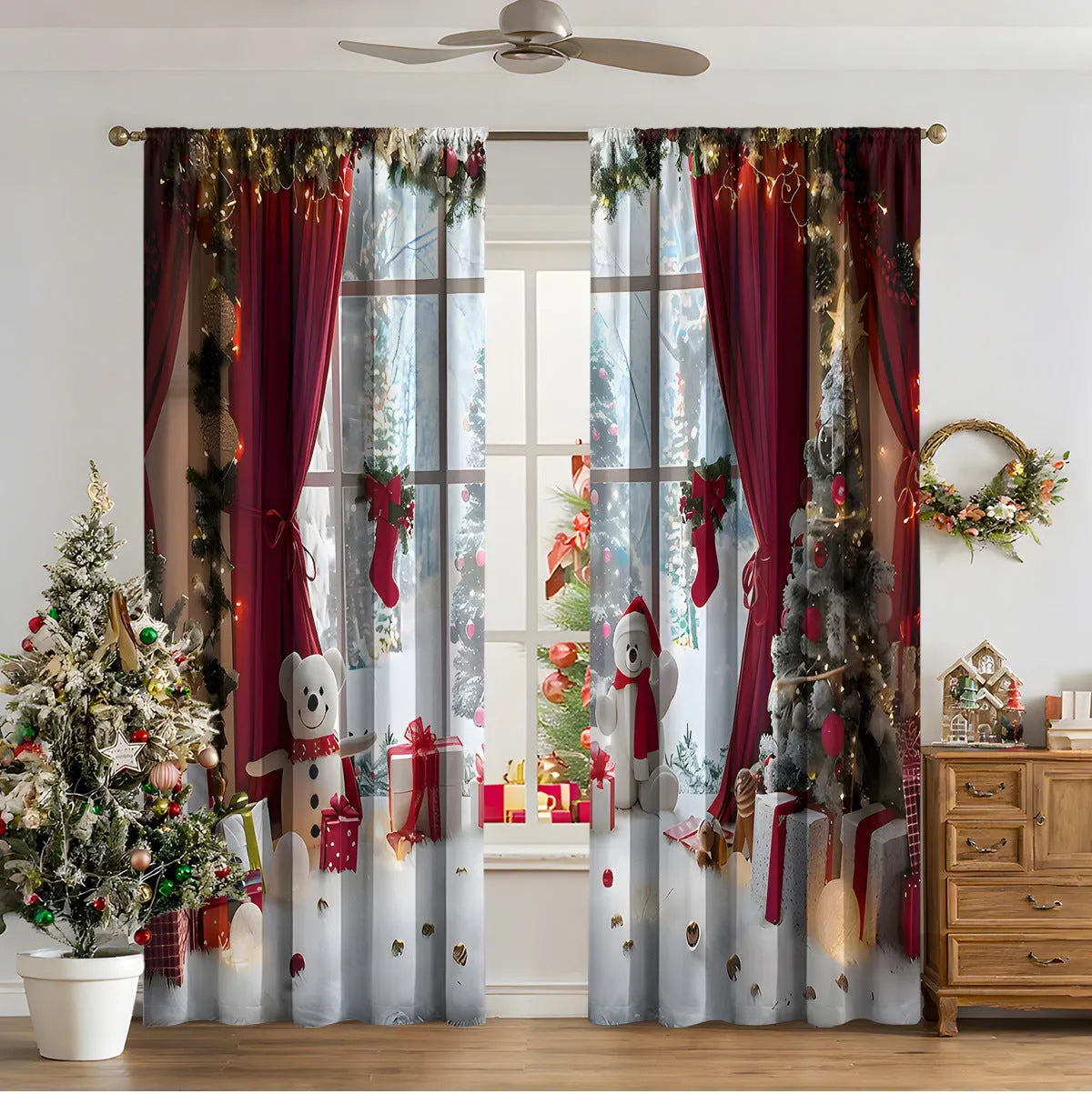 3D digitally printed Christmas curtains in polyester with festive patterns, showing high sunshade function