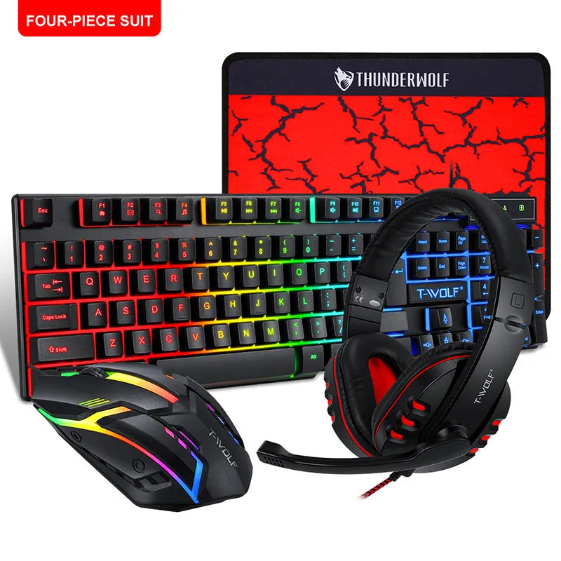 Wired gaming keyboard and mouse set with RGB lighting, headset, and large mouse pad