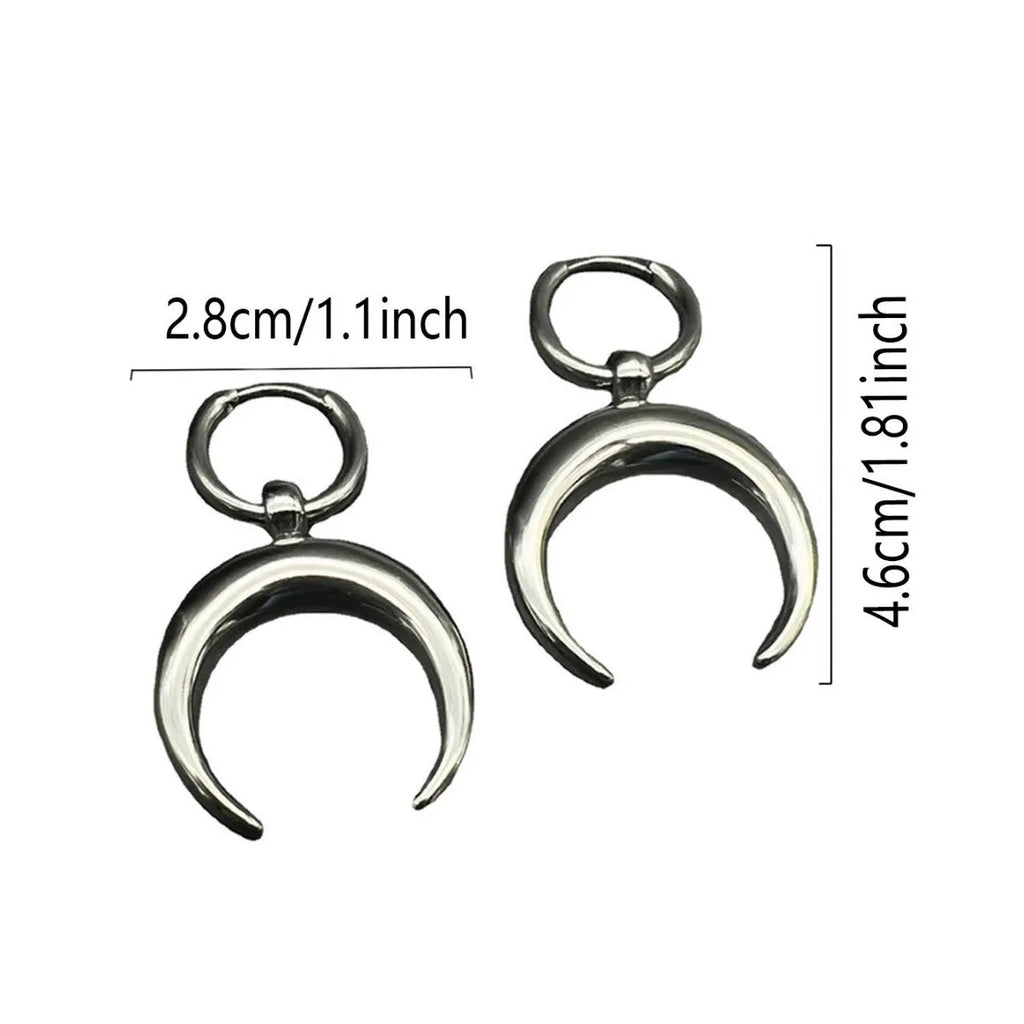Silver geometric hoop earrings with vintage moon design and punk style