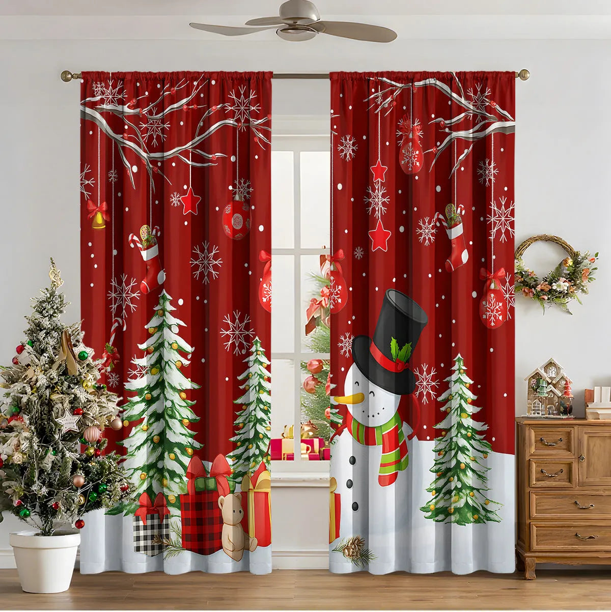 3D digitally printed Christmas curtains in polyester with festive patterns, showing high sunshade function