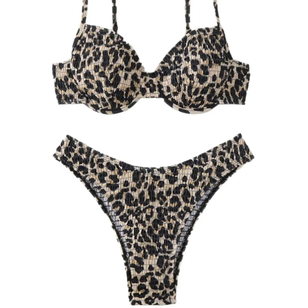 Women's leopard print bikini set with backless top and briefs bottom in brown and red colour options.