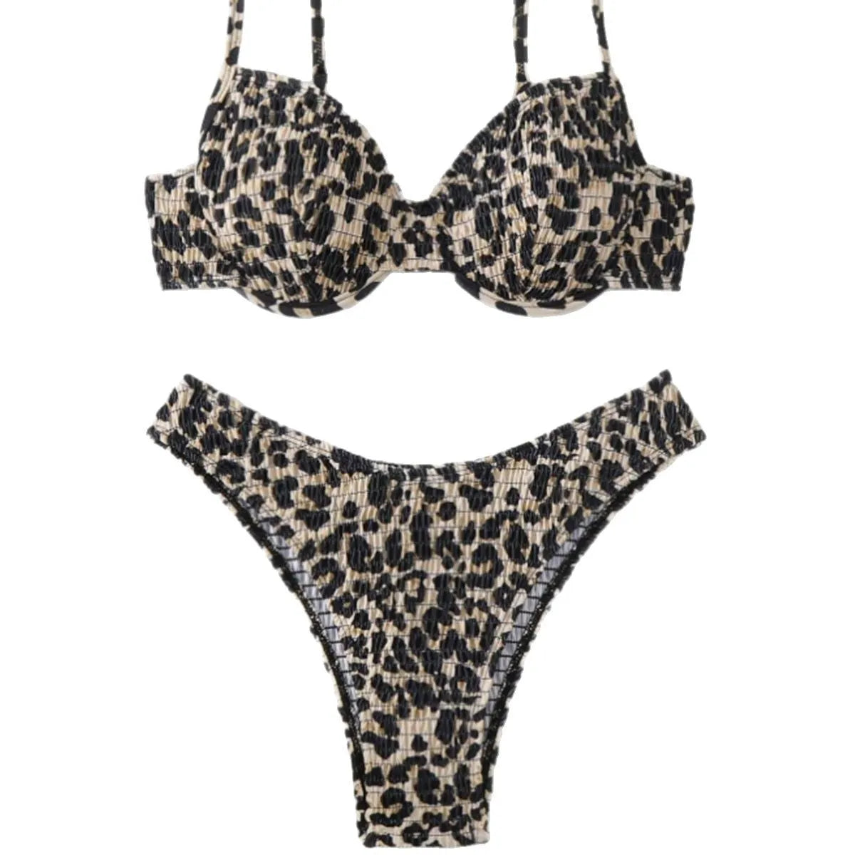 Women's leopard print bikini set with backless top and briefs bottom in brown and red colour options.