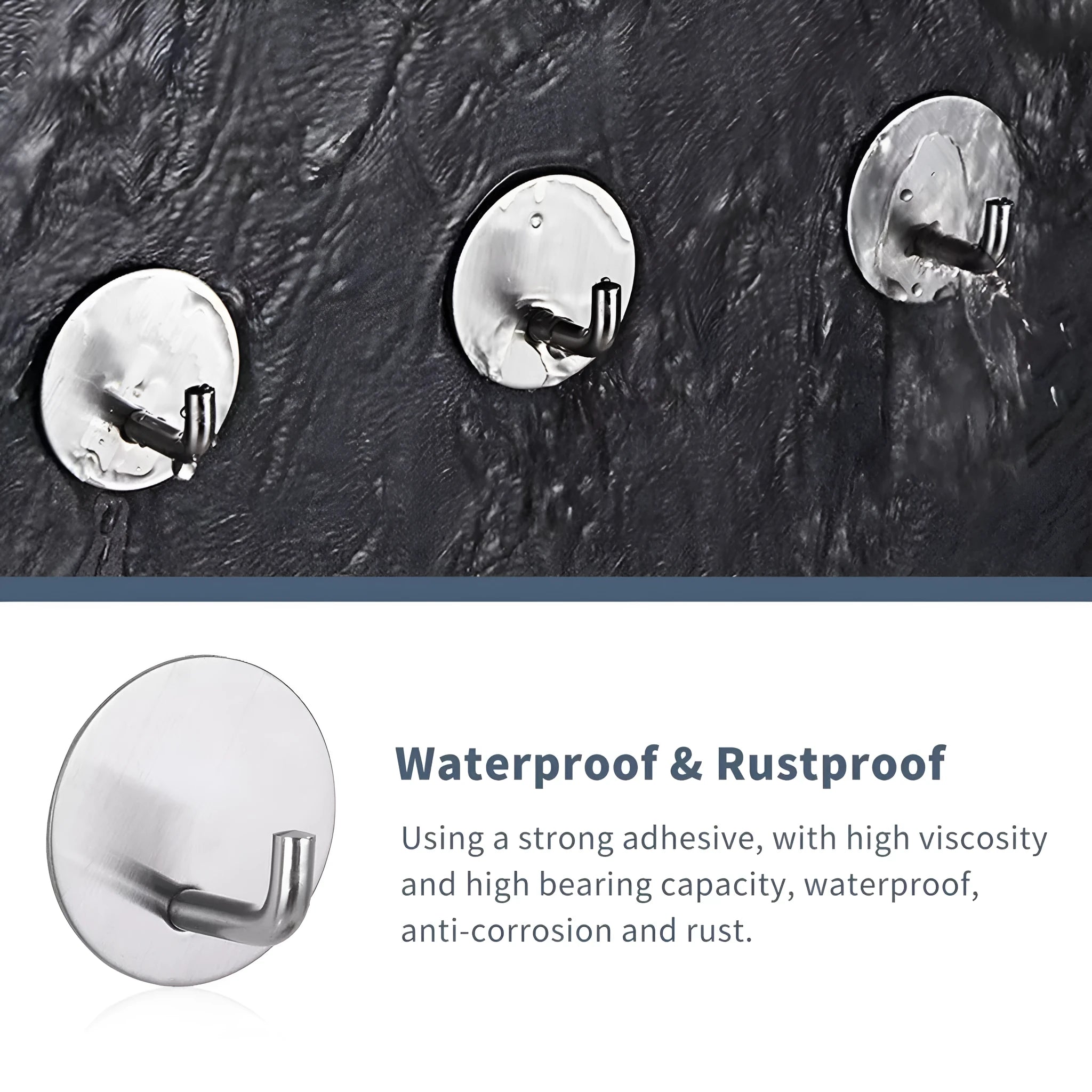 Round stainless steel self-adhesive hook in black and polished finishes.
