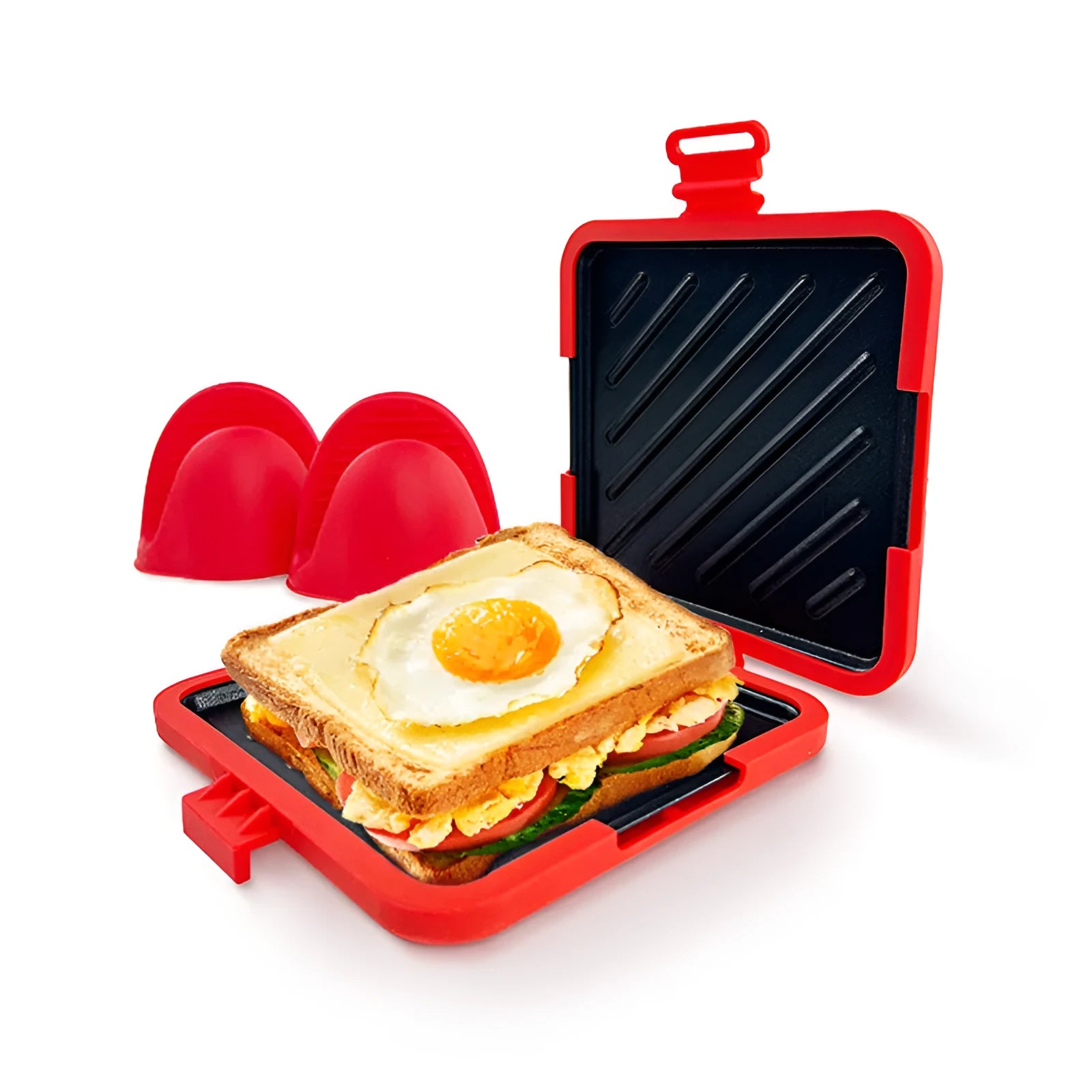 Red silicone baking tray shaped like a handbag with matching heat-resistant oven gloves