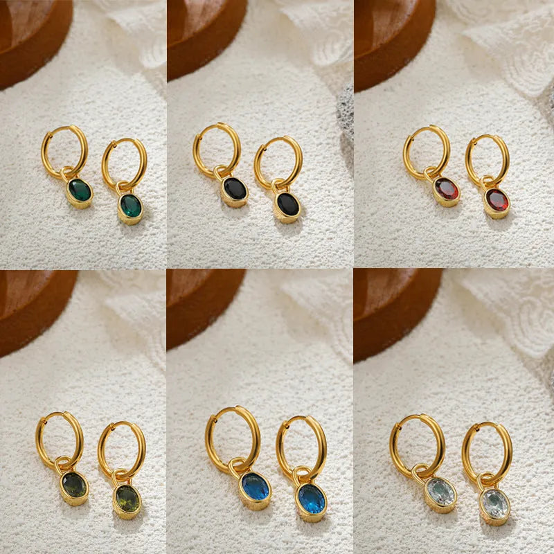 Women's copper retro oval zircon earrings in six colour options showing elliptical design