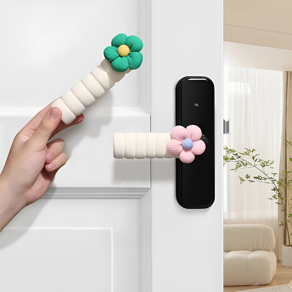 Round floral patterned door handle protective cover in soft PEVA material.