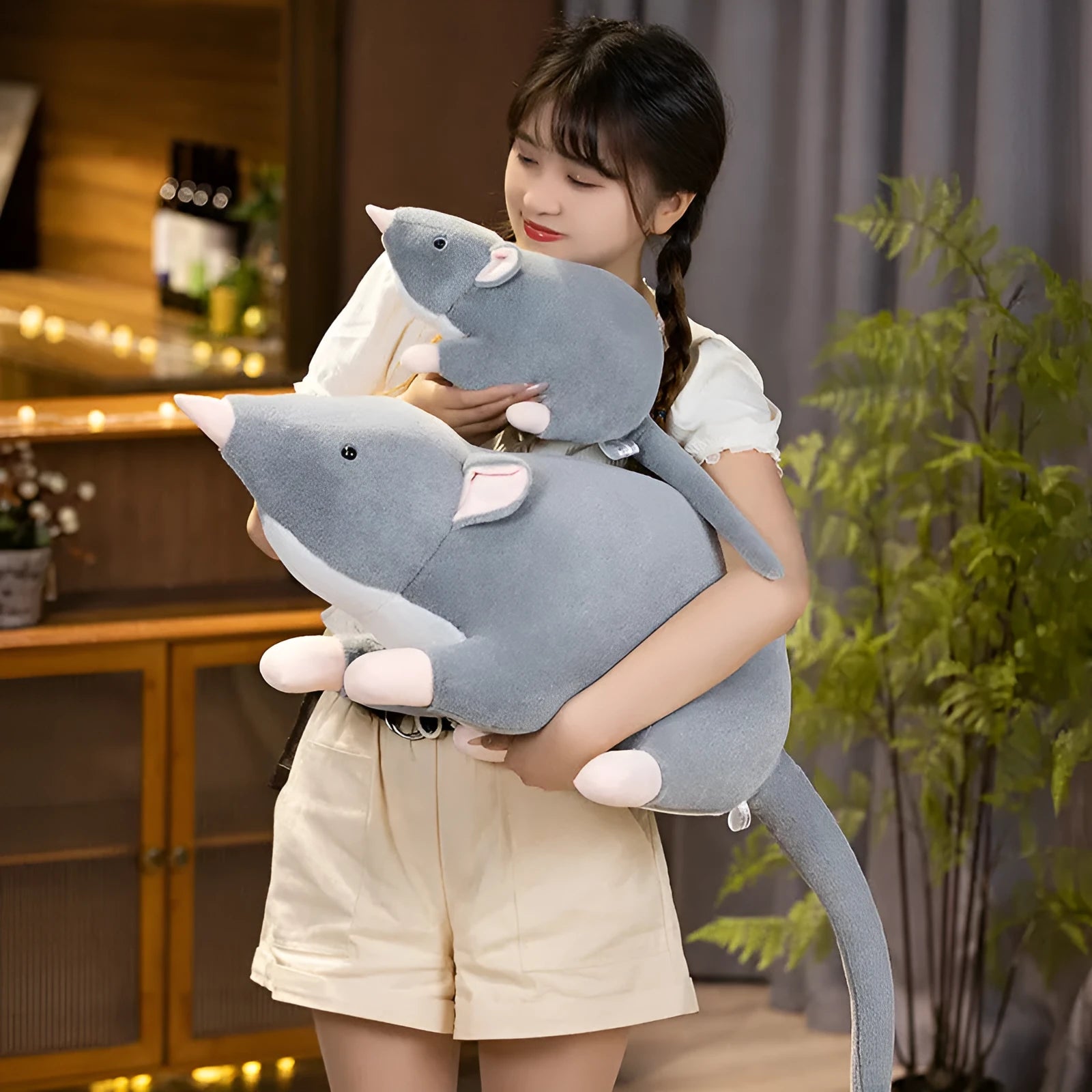Cartoon mouse plush doll toy shown in three available sizes: small, medium, and large.