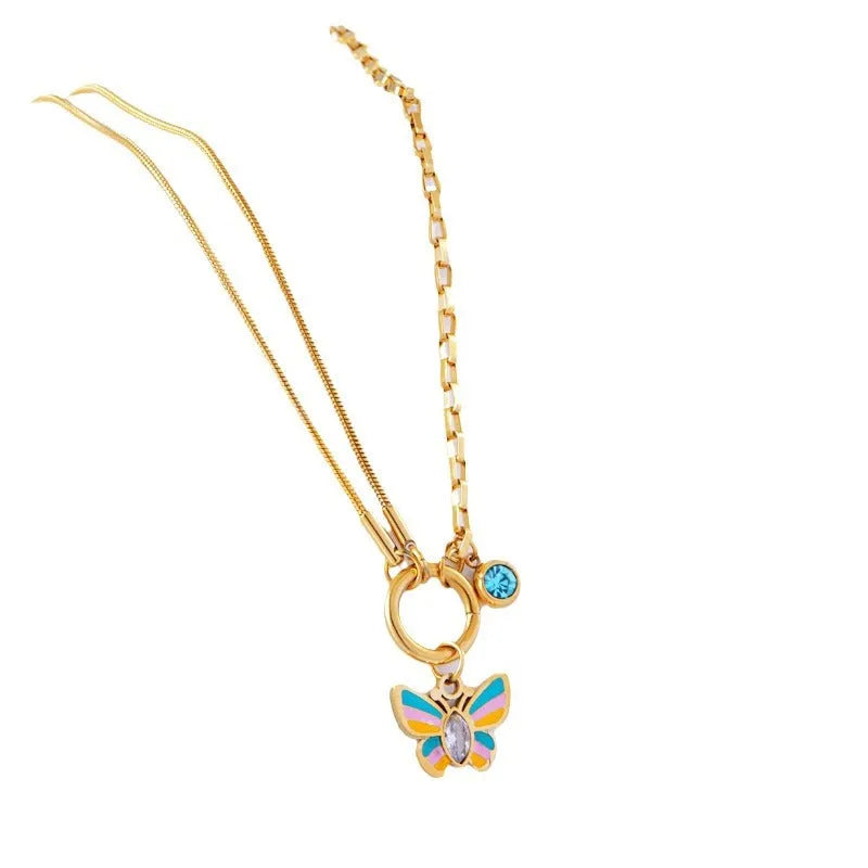 Gold titanium steel necklace and bracelet set with colourful epoxy butterfly pendant on snake bone chain