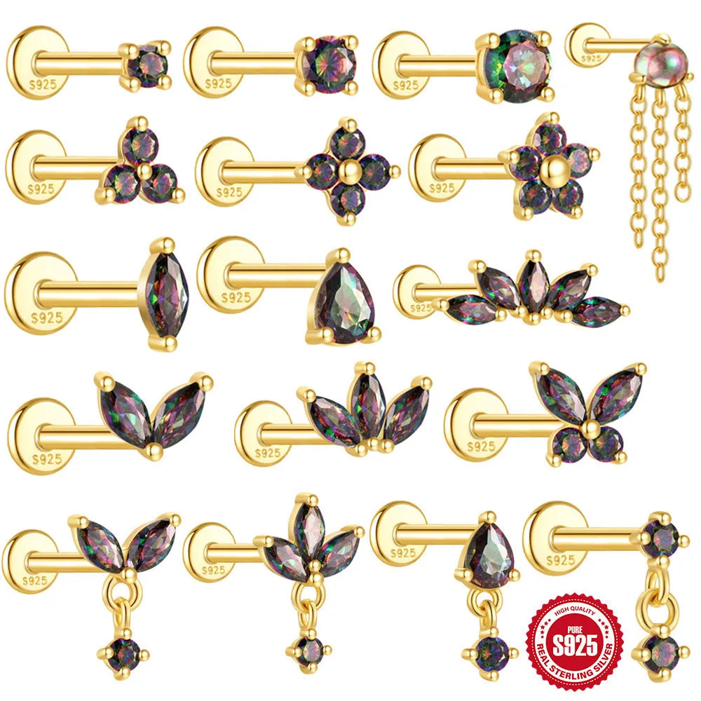 S925 sterling silver flat head thread piercing earrings with rainbow stone geometric design