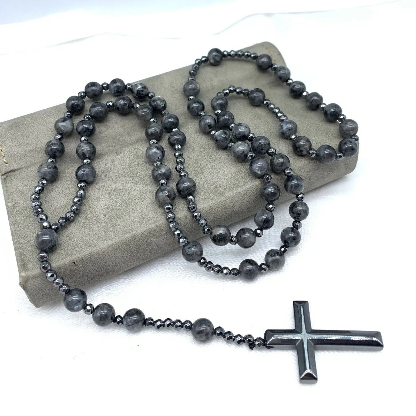 Men's stone cross pendant necklace with ball bead chain and safety lock fastening