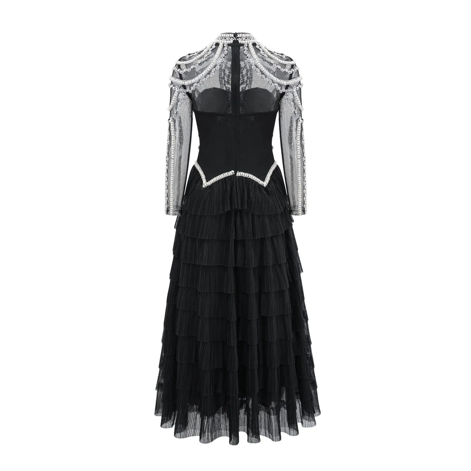 Black long sleeve women's dress with detailed beaded decoration on the bodice.