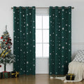 Red snowflake pattern shade cloth curtain with iron hoop hanging tabs.