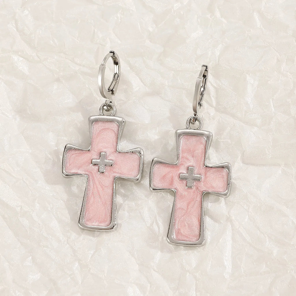 Women's alloy cross crystal earrings in five colour options with cross, heart, and character design elements