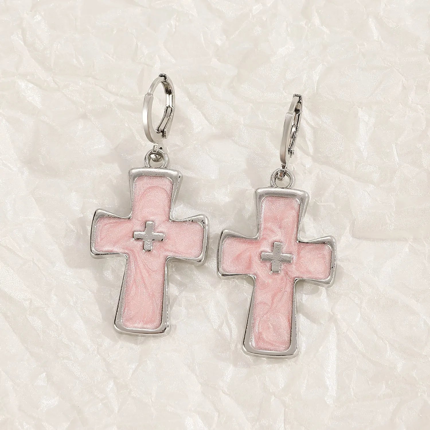Women's alloy cross crystal earrings in five colour options with cross, heart, and character design elements