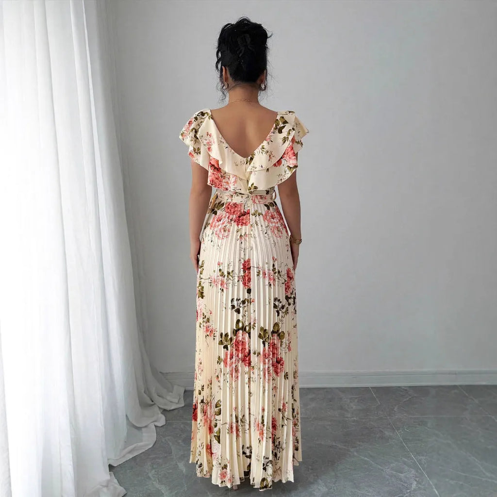 Women's apricot floral print V-neck dress with oversized swing skirt and ruffle sleeves