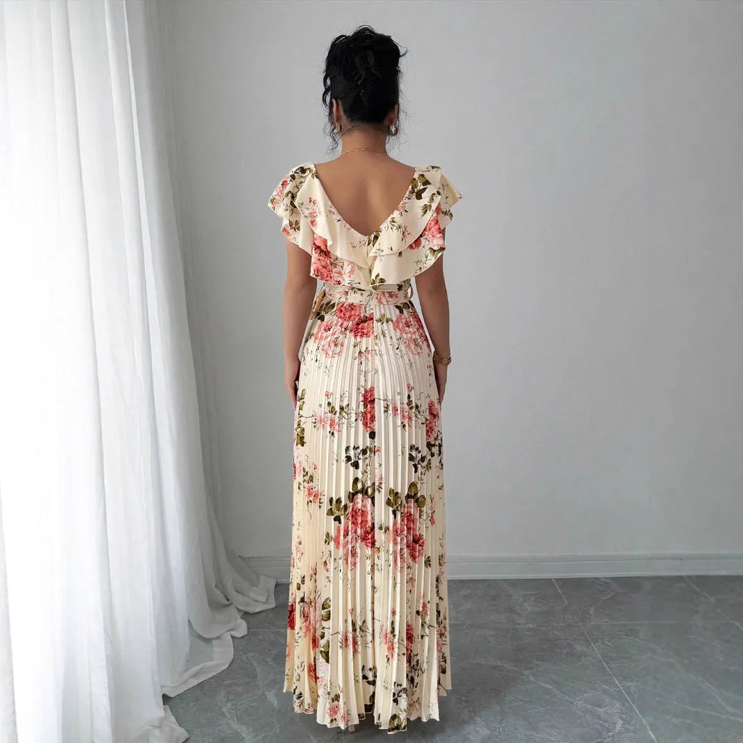 Women's apricot floral print V-neck dress with oversized swing skirt and ruffle sleeves