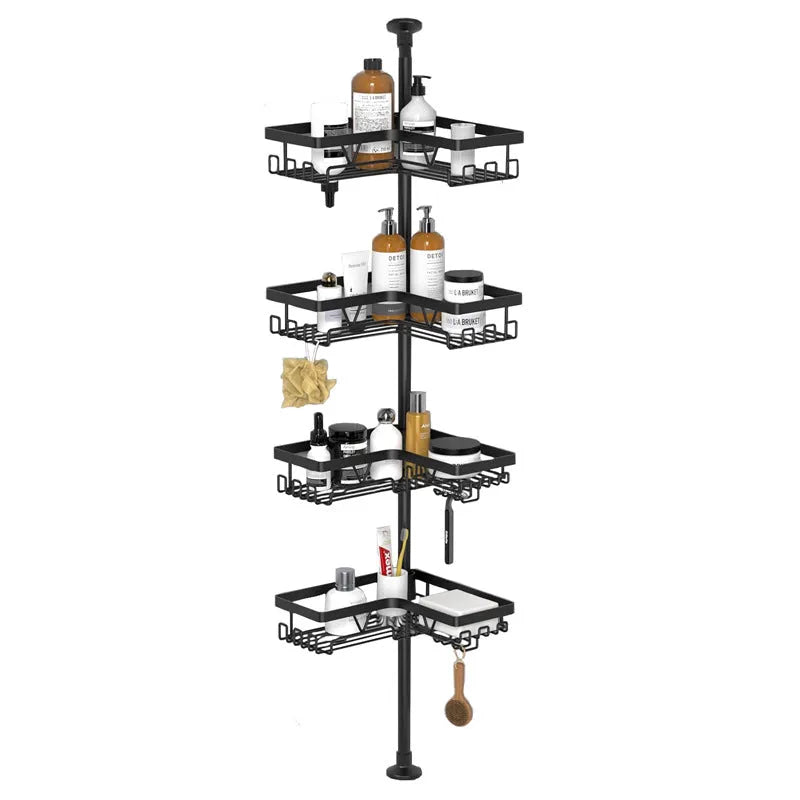 Four-layer retractable bathroom storage rack in stainless steel and iron construction