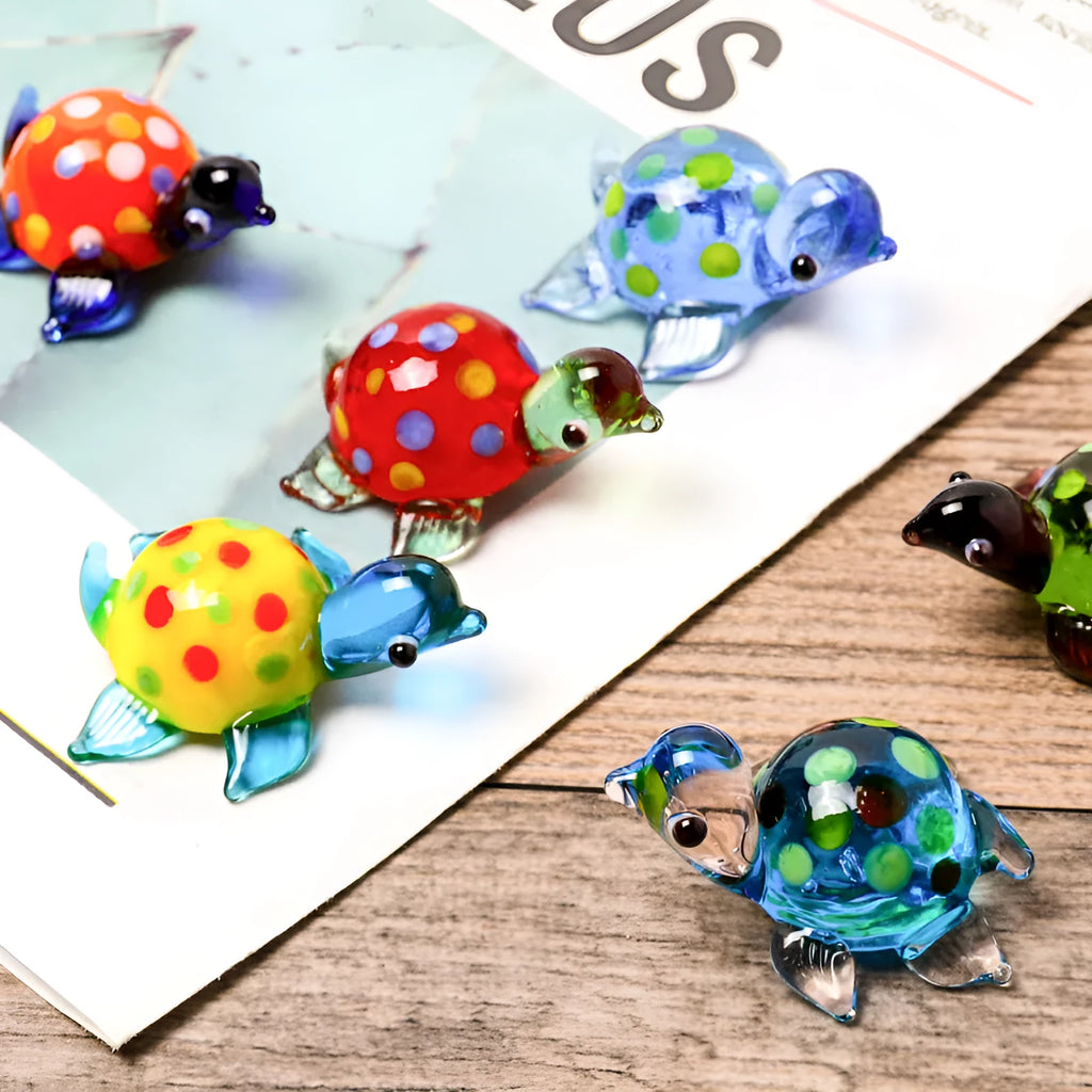 Glass turtle ornament with geometric modern design in six colour variations for desktop decoration