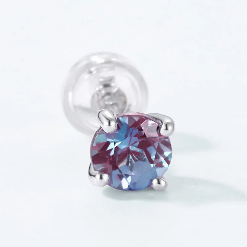 Silver geometric ear studs with round design in cultivate Alexandrite colour for women