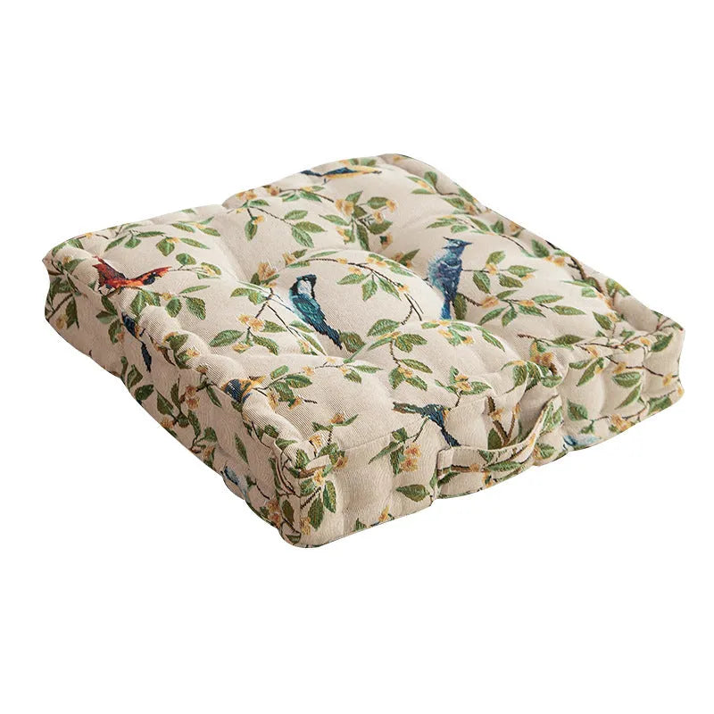 American style dining chair cushion in floral apricot pattern with bird motifs measuring 40x40x8cm