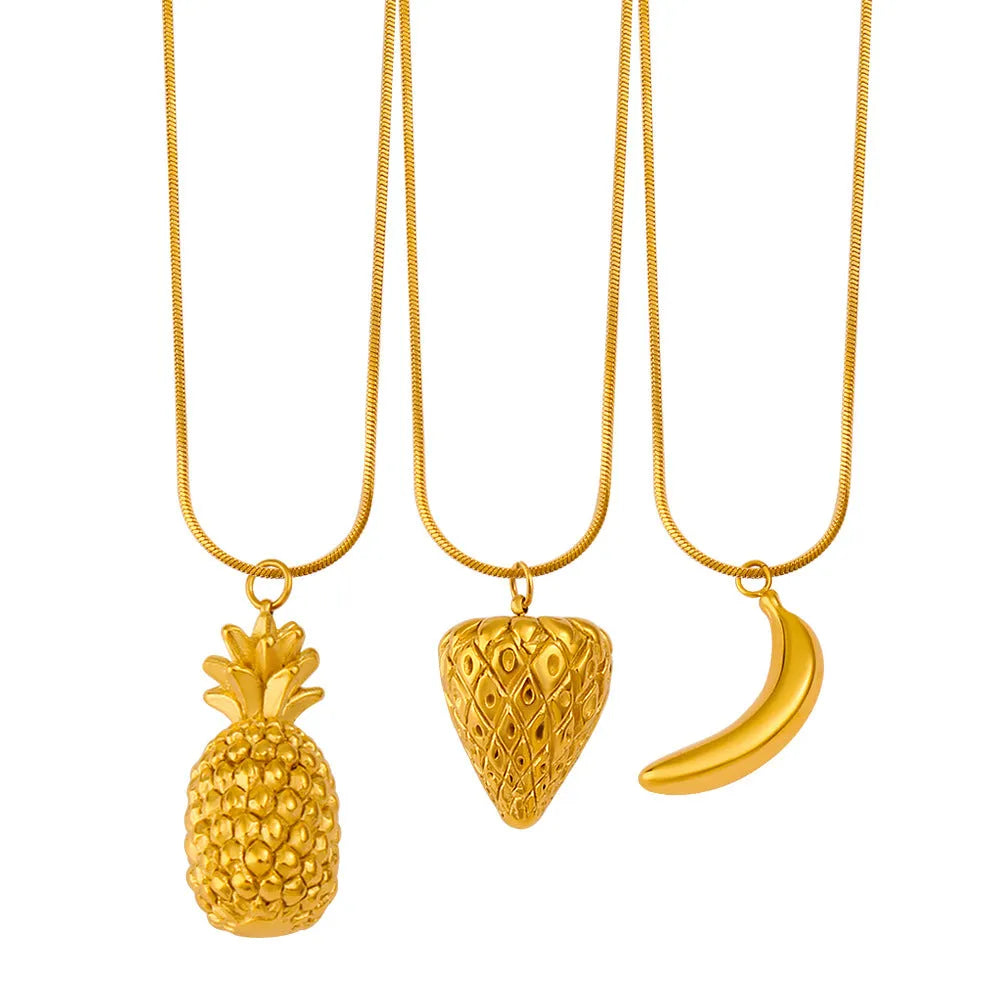 Stainless steel fruit necklace pendant showing six different fruit charms on alloy chain