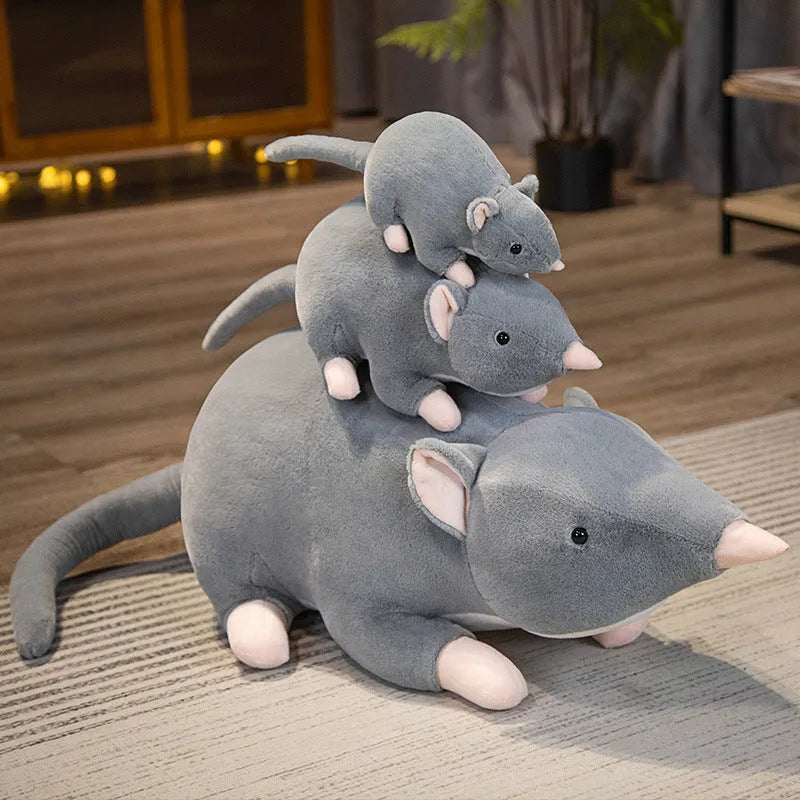 Cartoon mouse plush doll toy shown in three available sizes: small, medium, and large.