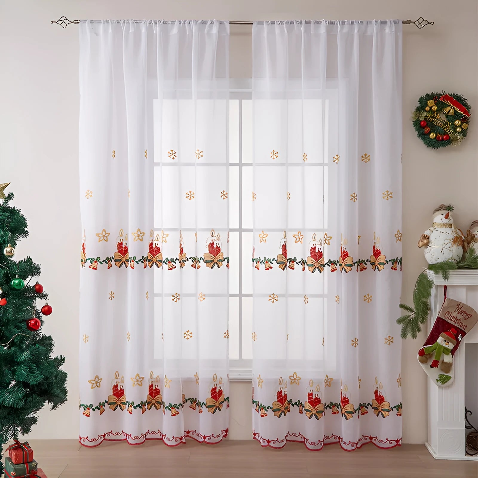 American style Christmas curtains with white snowflake embroidery on red background