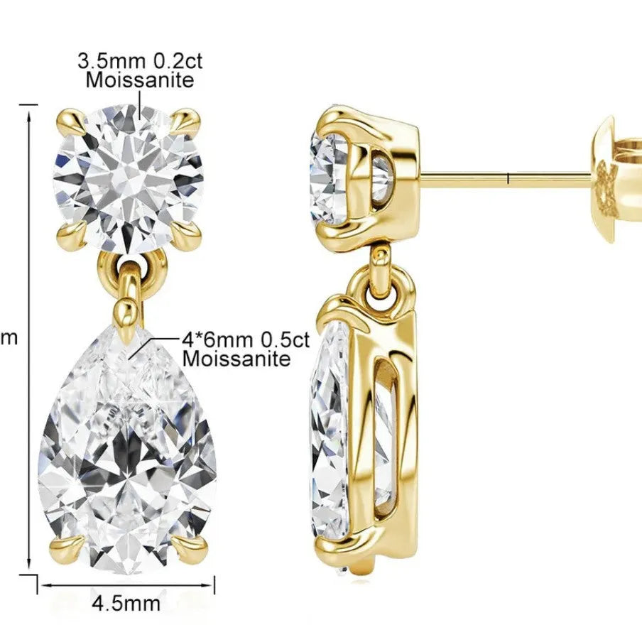 925 sterling silver water drop moissanite stud earrings with round and pear-shaped stones