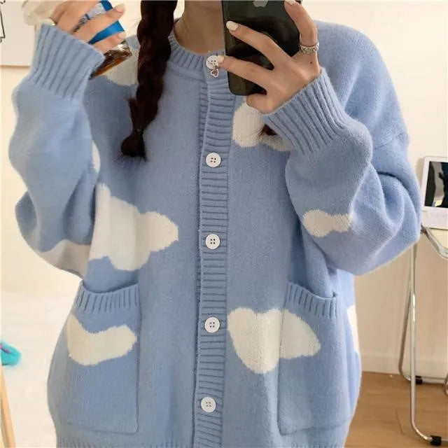 Blue cloud pattern women's spandex cardigan sweater with long sleeves